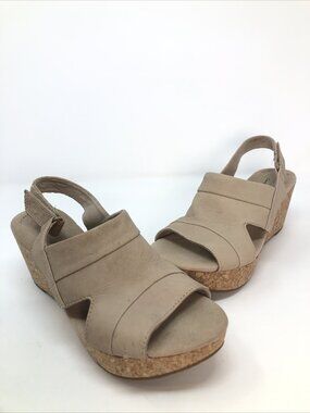 Clarks Sandals Womens 10 Beige Annadel Nubuck Platform Wedge Slingback Open Toe*